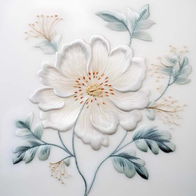 Kwiatowy haft na lnianej tkaninie